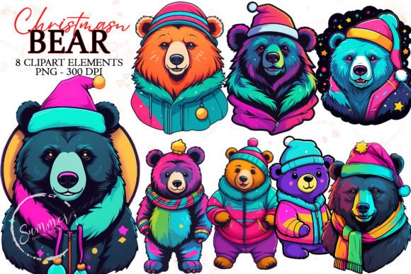 Christmas 90s Fashion Neon Bear Stickers: Illustrations for Branding