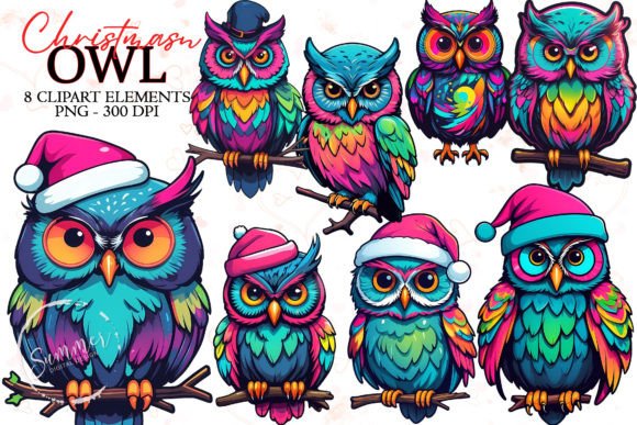 Christmas 90s Fashion Neon Owl Stickers Illustrations
