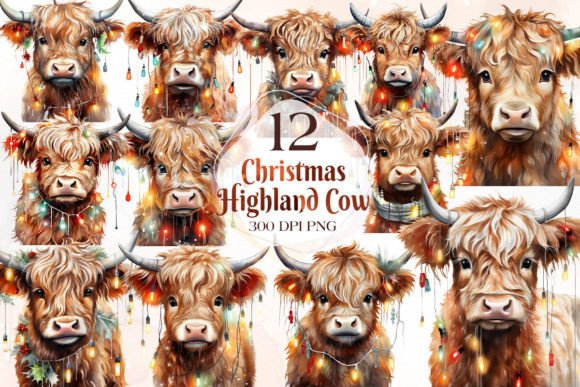 Christmas Highland Cow Clipart Bundle for Illustrations