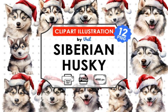 Christmas Siberian Husky Clipart for Illustrations