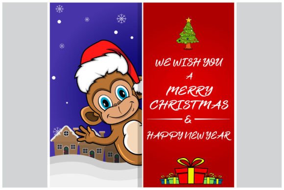 Merry Christmas Card with Cute Monkey in Illustrations