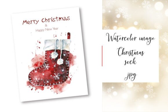 Postcard, Christmas Stocking, Watercolor for Illustrations
