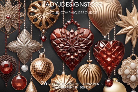 Red Gold Christmas Ornaments Clipart for Holiday Illustrations