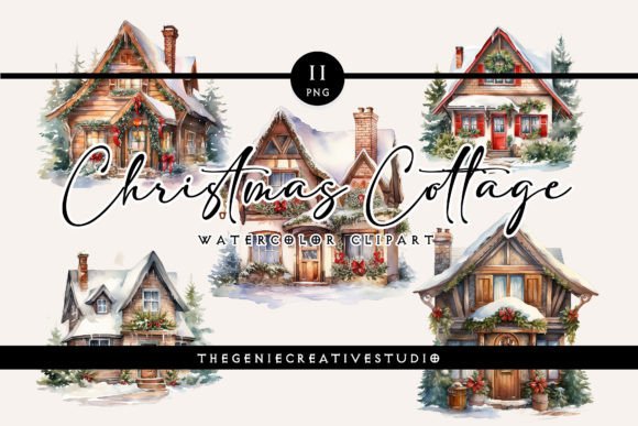 Watercolor Christmas Cottage PNG Clipart for Illustrations