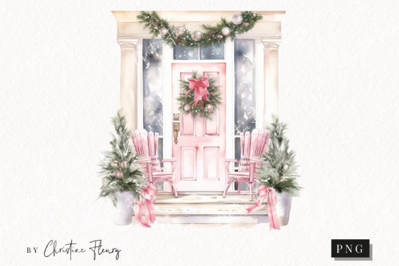 Watercolor Pink Christmas Door Clipart for Illustrations