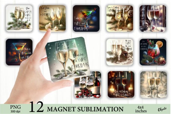 Wine Christmas Bundle PNG. Square Magnet for Illustrations
